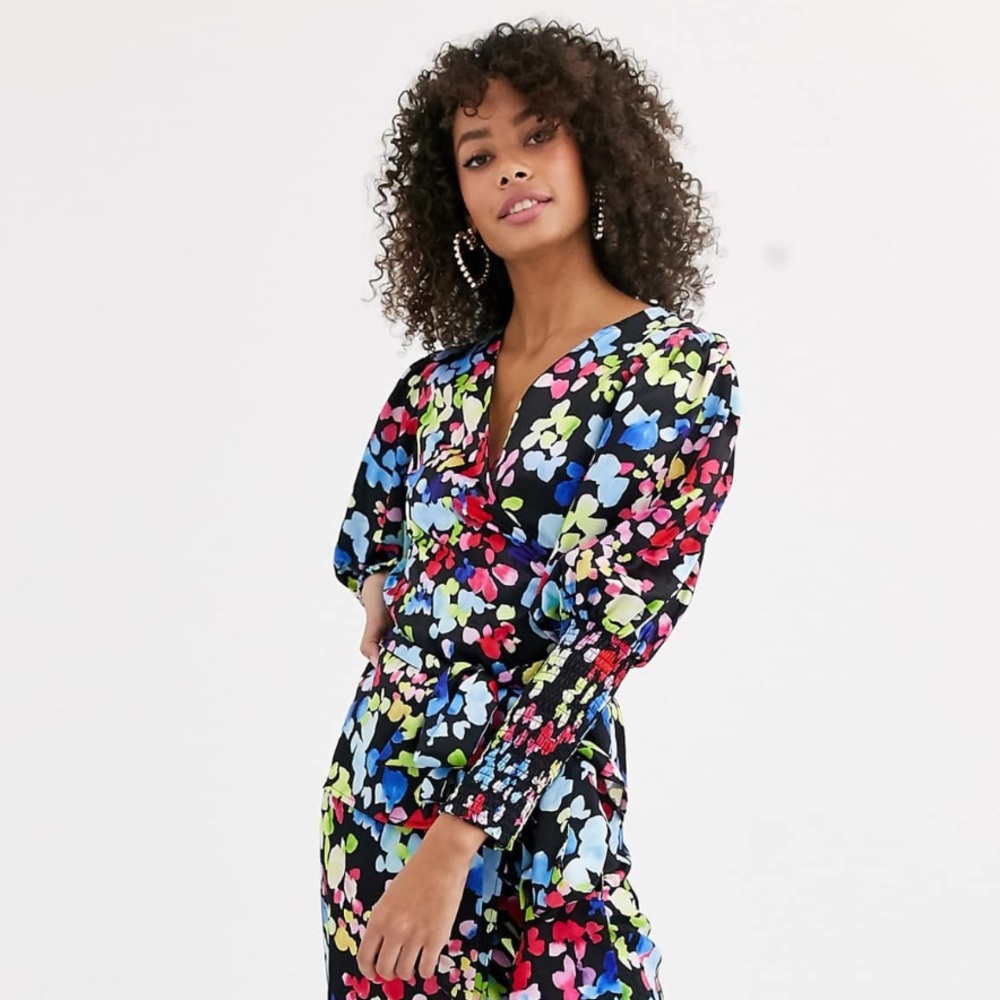 Never Fully Dressed Wrap Front Tie Blouse - Neon Floral Print - Size US 12
